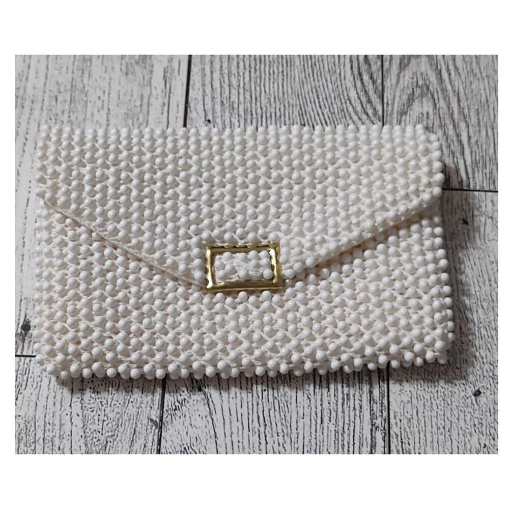 Vintage white beaded boho coin business card purse